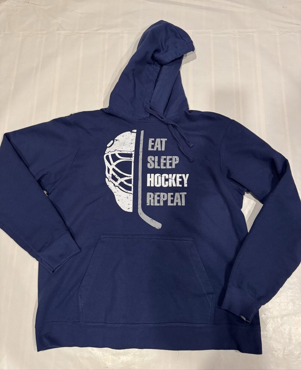 Men’s Port & Company Eat Sleep Hockey Repeat Graphic Hoodie – Navy Blue – Large